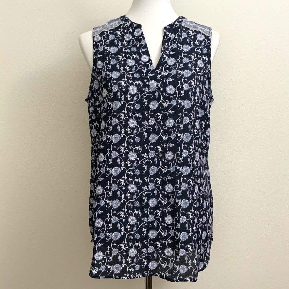Adrienna Papell Blue Floral Mixed Print Top Medium